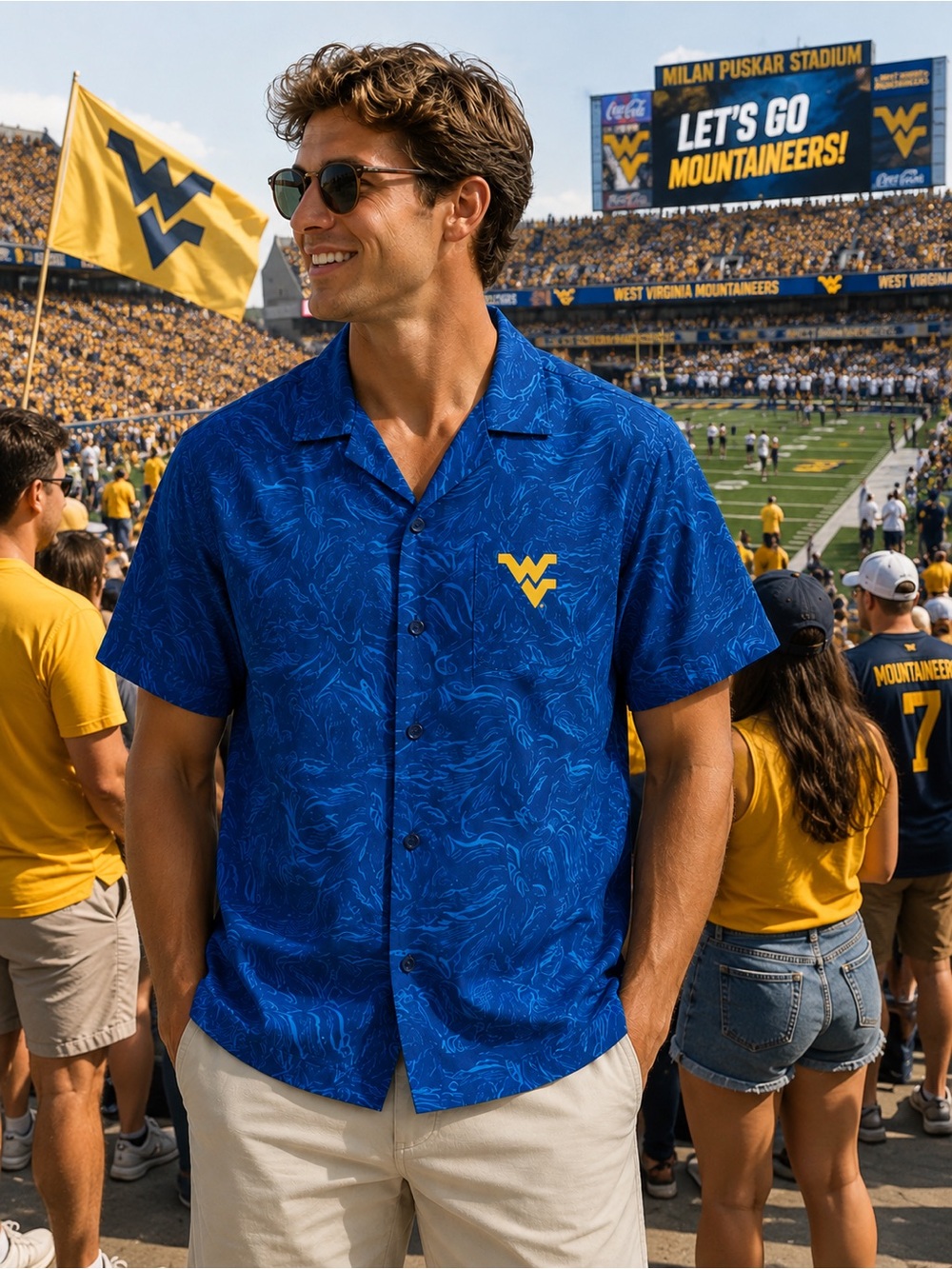 NWT West Virginia Mountaineers WVU Hawaiian Shirt Blue Yellow Men’s M Game Day